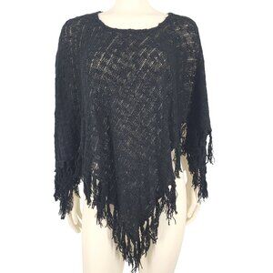 Women's Vintage 90s Y2K New York & Company Black Knit Fringe Sweater Poncho